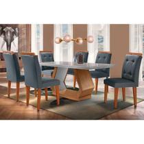 Conjunto: Mesa de Cozinha Alvorada Tampo Madeirado c/ Vidro Canto Reto 180x90cm e 6 Cadeiras Imperatriz Imbuia/Off White - Suede Grafite - Rufato