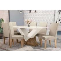 Conjunto: Mesa de Cozinha Amora Tampo Madeirado c/ Vidro 90x170cm e 6 Cadeiras 2CAD131 Freijo/Off White/Vidro Off White - Freijo/Linh - Kappesberg