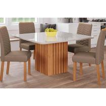 Conjunto: Mesa de Cozinha Ana Tampo Madeirado c/ Vidro 130x80cm e 4 Cadeiras Clarice Cinamomo/Off White - Carvalho/Suede Joli Capuccino - Cimol