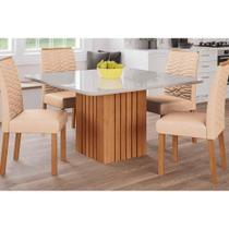 Conjunto: Mesa de Cozinha Ana Tampo Madeirado c/ Vidro 130x80cm e 4 Cadeiras Clarice Nature/Off White - Carvalho/Suede Nude Bege - Cimol Conjunto: Mesa de Cozinha Ana Tampo Madeirado c/ Vidro 130x80cm e 4 Cadeiras Clarice Nature/Off White - Carvalho/Suede Nude Bege - Cimol