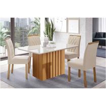 Conjunto: Mesa de Cozinha Ana Tampo Madeirado c/ Vidro 130x80cm e 4 Cadeiras Juliana Cinamomo/Off White - Carvalho/Suede Nude Bege - Cimol