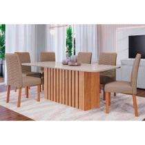 Conjunto: Mesa de Cozinha Ana Tampo Madeirado c/ Vidro 180x90cm e 6 Cadeiras Clarice Cinamomo/Off White - Carvalho/Suede Joli Capuccino - Cimol