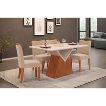 Conjunto: Mesa de Cozinha Argo c/ Tampo Madeirado c/ Vidro Curvo 136x90cm e 4 Cadeiras Julia Freijo/Off White - Suede Kraft - DJ Móveis