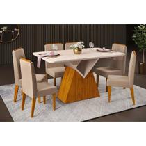 Conjunto: Mesa de Cozinha Argo c/ Tampo Madeirado c/ Vidro Curvo 136x90cm e 6 Cadeiras Lia Freijo/Off White - Suede Kraft - DJ Móveis Conjunto: Mesa de Cozinha Argo c/ Tampo Madeirado c/ Vidro Curvo 136x90cm e 6 Cadeiras Lia Freijo/Off White - Suede Kraft - DJ Móveis