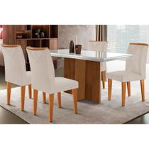 Conjunto: Mesa de Cozinha Berlim c/ Tampo Madeirado c/ Vidro Canto Curvo 120x80cm e 4 Cadeiras Amsterdã Imbuia/Off White - Suede Creme - Rufato Conjunto: Mesa de Cozinha Berlim c/ Tampo Madeirado c/ Vidro Canto Curvo 120x80cm e 4 Cadeiras Amsterdã Imbuia/Off White - Suede Creme - Rufato