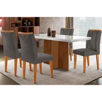 Conjunto: Mesa de Cozinha Berlim c/ Tampo Madeirado c/ Vidro Canto Curvo 120x80cm e 4 Cadeiras Amsterdã Imbuia/Off White - Suede Grafite - Rufato Conjunto: Mesa de Cozinha Berlim c/ Tampo Madeirado c/ Vidro Canto Curvo 120x80cm e 4 Cadeiras Amsterdã Imbuia/Off White - Suede Grafite - Rufato