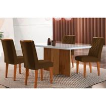 Conjunto: Mesa de Cozinha Berlim c/ Tampo Madeirado c/ Vidro Canto Curvo 120x80cm e 4 Cadeiras Jade Imbuia/Off White - Suede Marrom - Rufato Conjunto: Mesa de Cozinha Berlim c/ Tampo Madeirado c/ Vidro Canto Curvo 120x80cm e 4 Cadeiras Jade Imbuia/Off White - Suede Marrom - Rufato