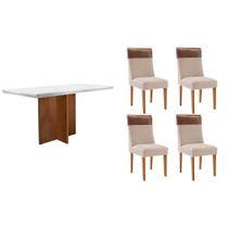 Conjunto: Mesa de Cozinha Berlim c/ Tampo Madeirado c/ Vidro Canto Curvo 120x80cm e 4 Cadeiras Jaspe Naturale/Off White - Suede Creme - Rufato