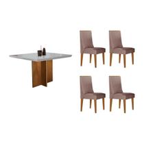 Conjunto: Mesa de Cozinha Berlim c/ Tampo Madeirado c/ Vidro Canto Curvo 90x90cm e 4 Cadeiras Dakota Naturale/Off White - Linho Capuccino - Rufato Conjunto: Mesa de Cozinha Berlim c/ Tampo Madeirado c/ Vidro Canto Curvo 90x90cm e 4 Cadeiras Dakota Naturale/Off White - Linho Capuccino - Rufato