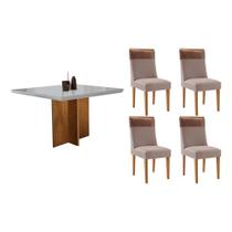 Conjunto: Mesa de Cozinha Berlim c/ Tampo Madeirado c/ Vidro Canto Curvo 90x90cm e 4 Cadeiras Jaspe Naturale/Off White - Linho Capuccino - Rufato
