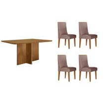 Conjunto: Mesa de Cozinha Berlim c/ Tampo Madeirado Canto Curvo 120x80cm e 4 Cadeiras Dakota Naturale - Linho Capuccino - Rufato