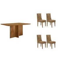 Conjunto: Mesa de Cozinha Berlim c/ Tampo Madeirado Canto Curvo 120x80cm e 4 Cadeiras Pietá Naturale - Linho Bege - Rufato