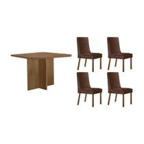 Conjunto: Mesa de Cozinha Berlim c/ Tampo Madeirado Canto Curvo 90x90cm e 4 Cadeiras Dakota Naturale - Suede Marrom - Rufato Conjunto: Mesa de Cozinha Berlim c/ Tampo Madeirado Canto Curvo 90x90cm e 4 Cadeiras Dakota Naturale - Suede Marrom - Rufato