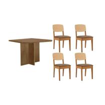 Conjunto: Mesa de Cozinha Berlim c/ Tampo Madeirado Canto Curvo 90x90cm e 4 Cadeiras Havana Premium Naturale - Suede Capuccino - Rufato