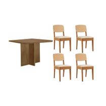Conjunto: Mesa de Cozinha Berlim c/ Tampo Madeirado Canto Curvo 90x90cm e 4 Cadeiras Havana Premium Naturale - Suede Creme - Rufato Conjunto: Mesa de Cozinha Berlim c/ Tampo Madeirado Canto Curvo 90x90cm e 4 Cadeiras Havana Premium Naturale - Suede Creme - Rufato