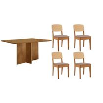 Conjunto: Mesa de Cozinha Berlim Curvo 120cm + 4 Cadeiras Havana Naturale - Linho Capuccino - Rufato