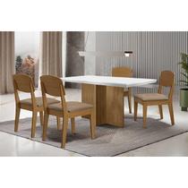 Conjunto: Mesa de Cozinha Berlim Curvo 120cm + 4 Cadeiras Havana Naturale/Off White - Corano Capuccino - Rufato