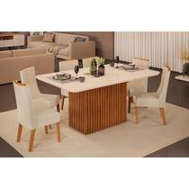 Conjunto: Mesa de Cozinha Canes c/ Tampo Madeirado c/ Vidro Curvo 170x90cm e 6 Cadeiras Jade Freijo/Off White - Linho Neve - DJ Móveis
