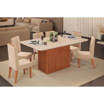 Conjunto: Mesa de Cozinha Canes c/ Tampo Madeirado c/ Vidro Curvo 170x90cm e 6 Cadeiras Lia Freijo/Off White - Suede Kraft - DJ Móveis
