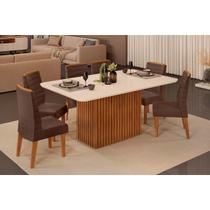 Conjunto: Mesa de Cozinha Canes c/ Tampo Madeirado c/ Vidro Curvo 170x90cm e 6 Cadeiras Ondina Freijo/Off White - Suede Moca - DJ Móveis