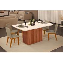 Conjunto: Mesa de Cozinha Canes c/ Tampo Madeirado c/ Vidro Curvo 170x90cm e 6 Cadeiras Sofia Freijo/Off White - Ipe/Linho Bege - DJ Móveis