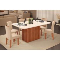 Conjunto: Mesa de Cozinha Canes c/ Tampo Madeirado c/ Vidro Curvo 170x90cm e 6 Cadeiras Zoe Freijo/Off White - Suede Creme - DJ Móveis