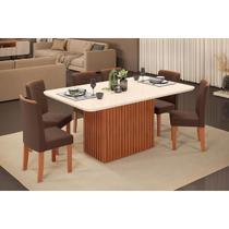 Conjunto: Mesa de Cozinha Canes c/ Tampo Madeirado c/ Vidro Curvo 170x90cm e 6 Cadeiras Zoe Freijo/Off White - Suede Moca - DJ Móveis