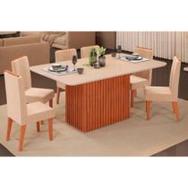 Conjunto: Mesa de Cozinha Canes Tampo Madeirado c/ Vidro Curvo 170x90cm e 6 Cadeiras Zoe Freijo/Off White - Suede Kraft - DJ Móveis