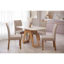 Conjunto: Mesa de Cozinha Carol Tampo Madeirado c/ Vidro 130x80cm e 4 Cadeiras Juliana Nature-Madeirado/Off White-Linho Bege - Cimol