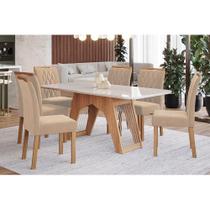 Conjunto: Mesa de Cozinha Carol Tampo Madeirado c/ Vidro 180x90cm e 6 Cadeiras Juliana Nature-Madeirado/Off White-Suede Nude Bege - Cimol Conjunto: Mesa de Cozinha Carol Tampo Madeirado c/ Vidro 180x90cm e 6 Cadeiras Juliana Nature-Madeirado/Off White-Suede Nude Bege - Cimol