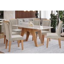 Conjunto: Mesa de Cozinha Carol Tampo Madeirado c/ Vidro 180x90cm e 6 Cadeiras Nicole Nature-Madeirado/Off White-Suede Nude Bege - Cimol Conjunto: Mesa de Cozinha Carol Tampo Madeirado c/ Vidro 180x90cm e 6 Cadeiras Nicole Nature-Madeirado/Off White-Suede Nude Bege - Cimol