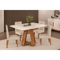 Conjunto: Mesa de Cozinha Celeste c/ Tampo Madeirado c/ Vidro Curvo 120x90cm e 4 Cadeiras Lia Freijo/Off White - Linho Neve - DJ Móveis