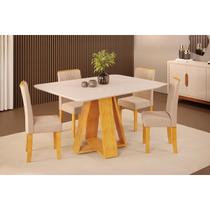 Conjunto: Mesa de Cozinha Celeste c/ Tampo Madeirado c/ Vidro Curvo 120x90cm e 4 Cadeiras Zoe Cedro/Off White - Suede Creme - DJ Móveis Conjunto: Mesa de Cozinha Celeste c/ Tampo Madeirado c/ Vidro Curvo 120x90cm e 4 Cadeiras Zoe Cedro/Off White - Suede Creme - DJ Móveis