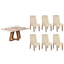 Conjunto: Mesa de Cozinha Celeste c/ Tampo Madeirado c/ Vidro Curvo 160x90cm e 6 Cadeiras Ondina Freijo/Off White - Linho Neve - DJ Móveis