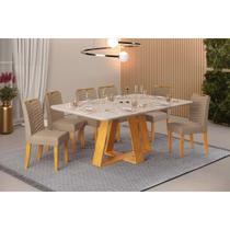 Conjunto: Mesa de Cozinha Celeste c/ Tampo Madeirado c/ Vidro Retangular 160x90cm e 6 Cadeiras Julia Cedro/Off White - Linho Bege - DJ Móveis