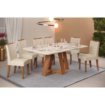 Conjunto: Mesa de Cozinha Celeste c/ Tampo Madeirado c/ Vidro Retangular 160x90cm e 6 Cadeiras Julia Freijo/Off White - Linho Neve - DJ Móveis Conjunto: Mesa de Cozinha Celeste c/ Tampo Madeirado c/ Vidro Retangular 160x90cm e 6 Cadeiras Julia Freijo/Off White - Linho Neve - DJ Móveis