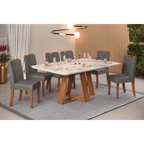 Conjunto: Mesa de Cozinha Celeste c/ Tampo Madeirado c/ Vidro Retangular 160x90cm e 6 Cadeiras Julia Freijo/Off White - Suede Lunar - DJ Móveis Conjunto: Mesa de Cozinha Celeste c/ Tampo Madeirado c/ Vidro Retangular 160x90cm e 6 Cadeiras Julia Freijo/Off White - Suede Lunar - DJ Móveis