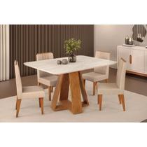 Conjunto: Mesa de Cozinha Celeste c/ Tampo Madeirado Curvo 120x90cm e 4 Cadeiras Lia Freijo/Quartzo - Suede Kraft - DJ Móveis