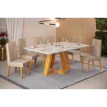 Conjunto: Mesa de Cozinha Celeste c/ Tampo Madeirado Retangular 170x90cm e 6 Cadeiras Lia Cedro/Quartzo - Suede Kraft - DJ Móveis Conjunto: Mesa de Cozinha Celeste c/ Tampo Madeirado Retangular 170x90cm e 6 Cadeiras Lia Cedro/Quartzo - Suede Kraft - DJ Móveis