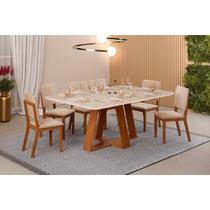 Conjunto: Mesa de Cozinha Celeste c/ Tampo Madeirado Retangular 170x90cm e 6 Cadeiras Talia Freijo/Quartzo - Suede Creme - DJ Móveis