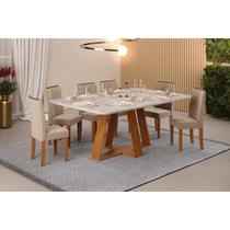 Conjunto: Mesa de Cozinha Celeste c/ Tampo Madeirado Retangular 170x90cm e 6 Cadeiras Zoe Freijo/Quartzo - Suede Creme - DJ Móveis