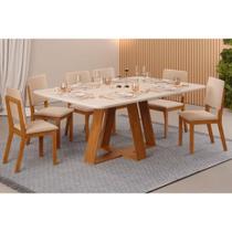 Conjunto: Mesa de Cozinha Celeste Tampo Madeirado c/ Vidro Retangular 160x90cm e 6 Cadeiras Talia Freijo/Off White - Suede Creme - DJ Móveis