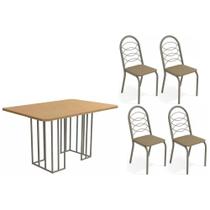Conjunto: Mesa de Cozinha Duina c/ Tampo de Madeira 136cm e 4 Cadeiras Holanda Niquel/Freijo - Courano Cappuccino - Kappesberg Conjunto: Mesa de Cozinha Duina c/ Tampo de Madeira 136cm e 4 Cadeiras Holanda Niquel/Freijo - Courano Cappuccino - Kappesberg