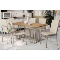 Conjunto: Mesa de Cozinha Duina c/ Tampo de Madeira 160cm e 6 Cadeiras Amsterdã Niquel/Freijo - Courano Bege - Kappesberg