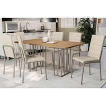 Conjunto: Mesa de Cozinha Duina c/ Tampo de Madeira 160cm e 6 Cadeiras Amsterdã Niquel/Freijo - Courano Bege - Kappesberg Conjunto: Mesa de Cozinha Duina c/ Tampo de Madeira 160cm e 6 Cadeiras Amsterdã Niquel/Freijo - Courano Bege - Kappesberg