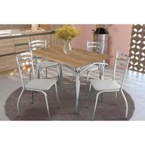 Conjunto: Mesa de Cozinha Elba c/ Tampo de Madeira 136cm e 4 Cadeiras Portugal Cromada/Nogueira - Courano Branco - Kappesberg