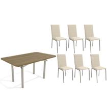 Conjunto: Mesa de Cozinha Elba c/ Tampo de Madeira 160cm e 6 Cadeiras Amsterdã Niquel/Nogueira - Courano Bege - Kappesberg