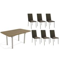 Conjunto: Mesa de Cozinha Elba c/ Tampo de Madeira 160cm e 6 Cadeiras Amsterdã Niquel/Nogueira - Courano Marrom - Kappesberg