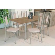 Conjunto: Mesa de Cozinha Elba c/ Tampo de Madeira 160cm e 6 Cadeiras Florença Niquel/Nogueira - Courano Bege - Kappesberg