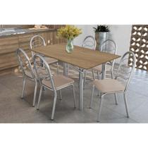Conjunto: Mesa de Cozinha Elba c/ Tampo de Madeira 160cm e 6 Cadeiras Holanda Cromada/Nogueira - Courano Bege - Kappesberg
